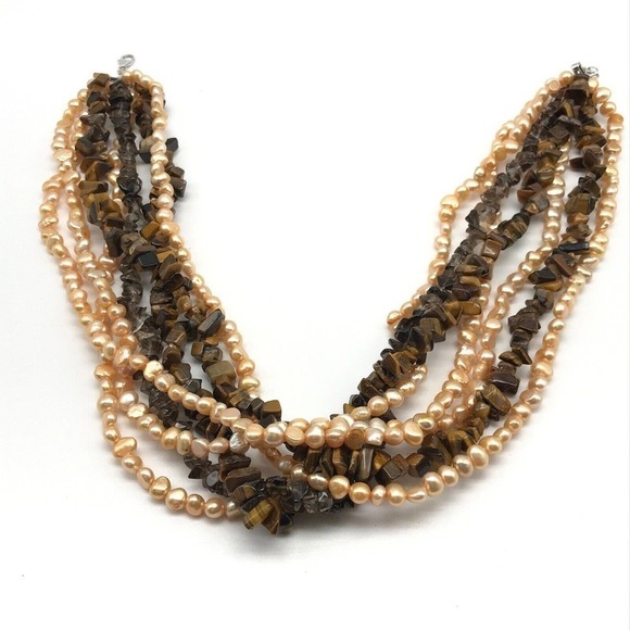 925 Sterling Silver Vintage Multi-Strand Gemstone Pearl Tiger's Eye Necklace - Picture 10 of 10